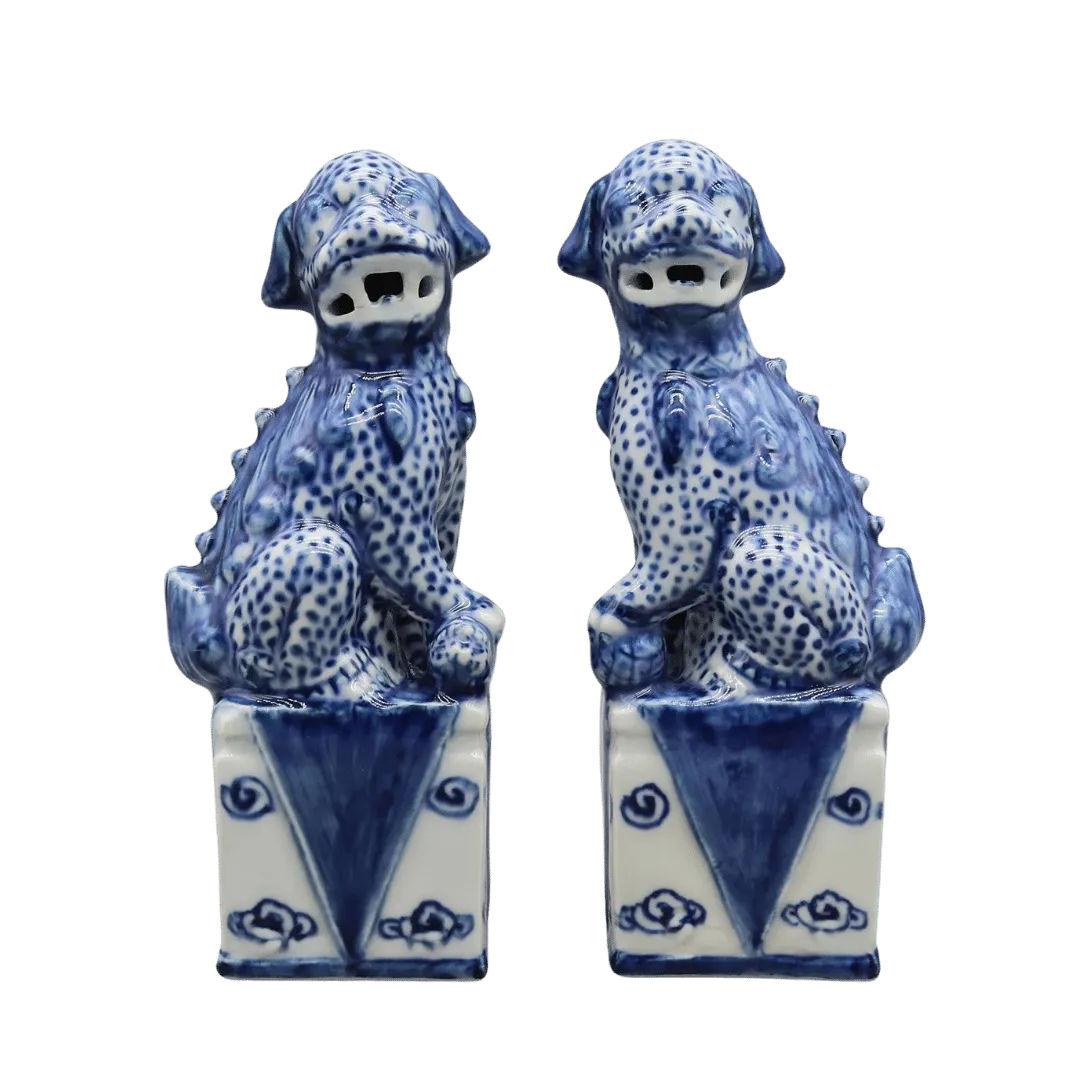 Pair of Guardian Blue Foo Dog Porcelain Sculptures