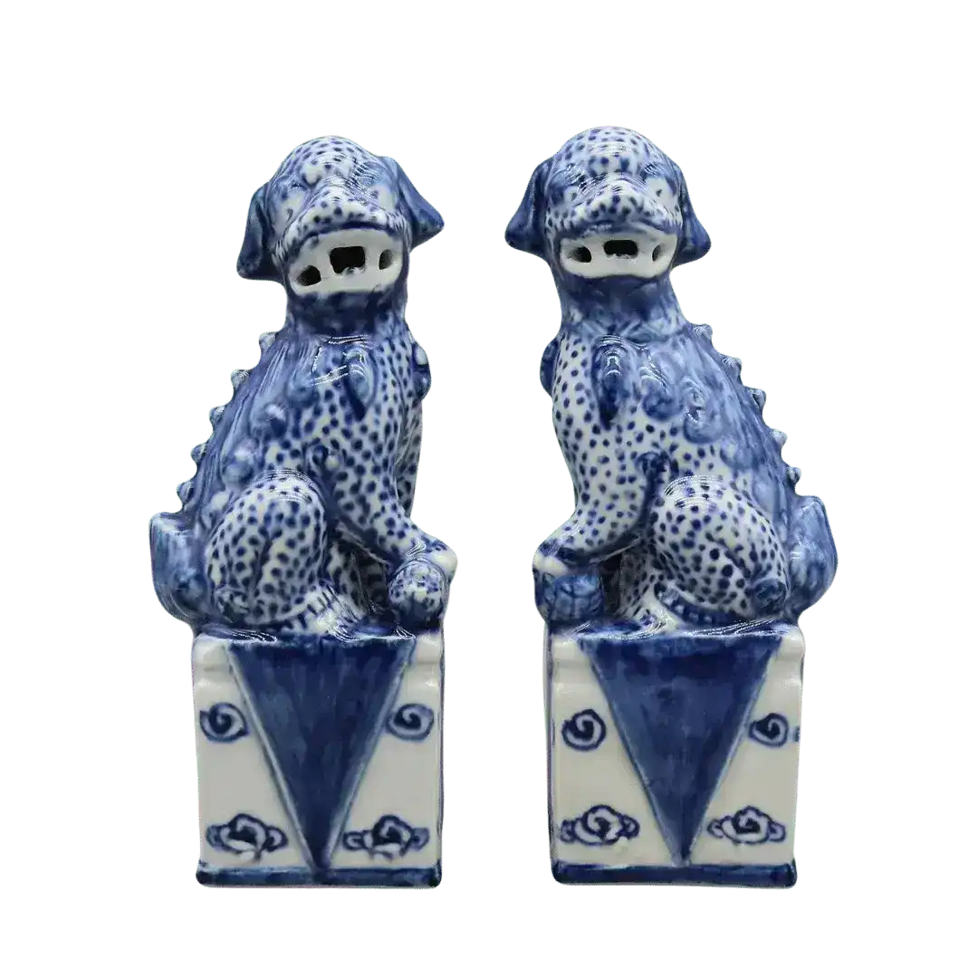 Pair of Guardian Blue Foo Dog Porcelain Sculptures