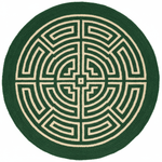Round green rug with beige maze pattern on a white background