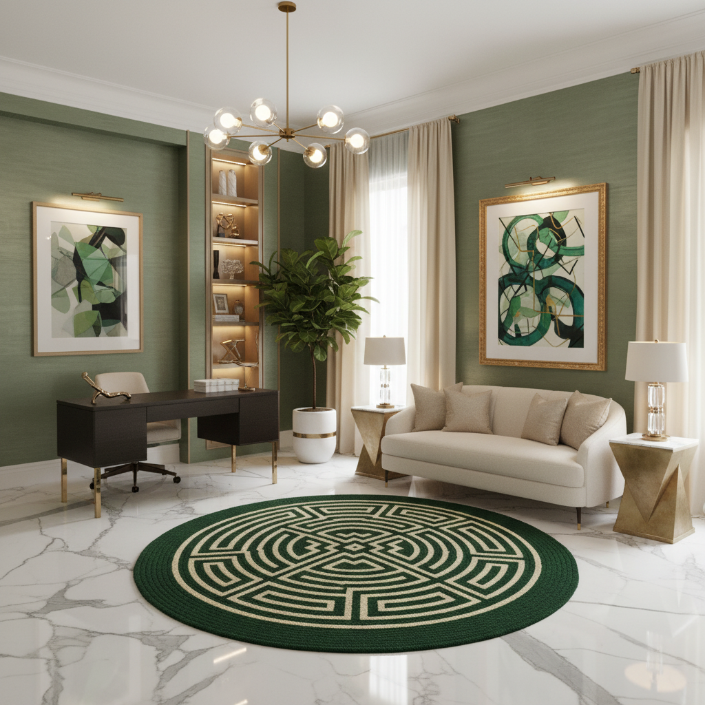 Modern living room with a green and white round rug, sofa, and office desk.