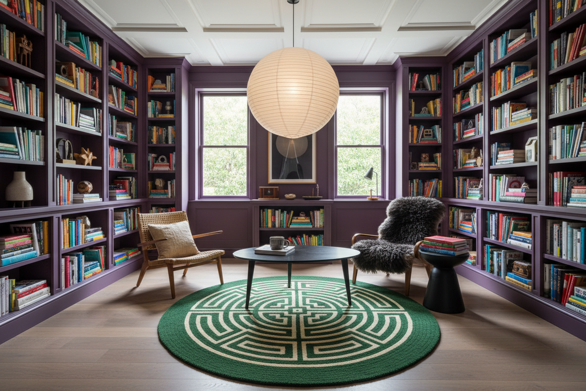 Library with bookshelves, chairs, and a green round rug.