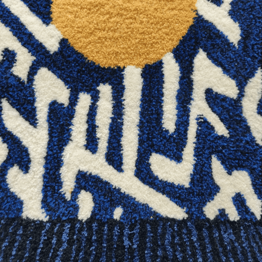 Golden Trim Minimalist Geometric Hand Tufted Rug - Pink Valley of the Suns Hand Tufted Wool Rug - Blue and Yellow Valley of the Suns Hand Tufted Wool Rug - Blue and Yellow