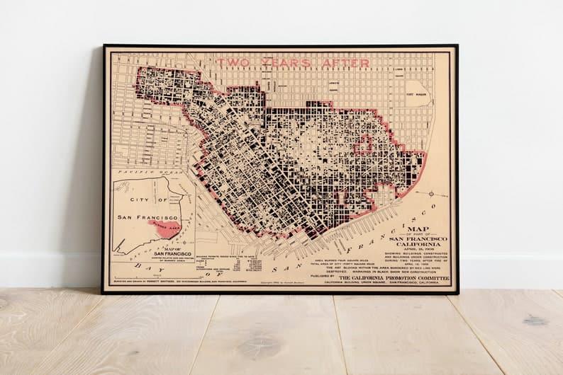 Vancouver City Map Wall Print| Framed Map Wall Decor San Francisco Map Wall Print| Framed Map Wall Decor 