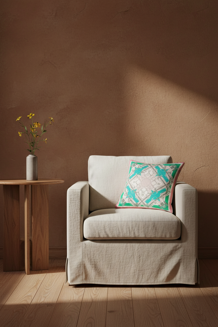 An olive green velvet sofa in a styled room setting, featuring a decorative teal and cream patterned throw pillow and a small wooden side table with dried flowers against a textured gray wall.