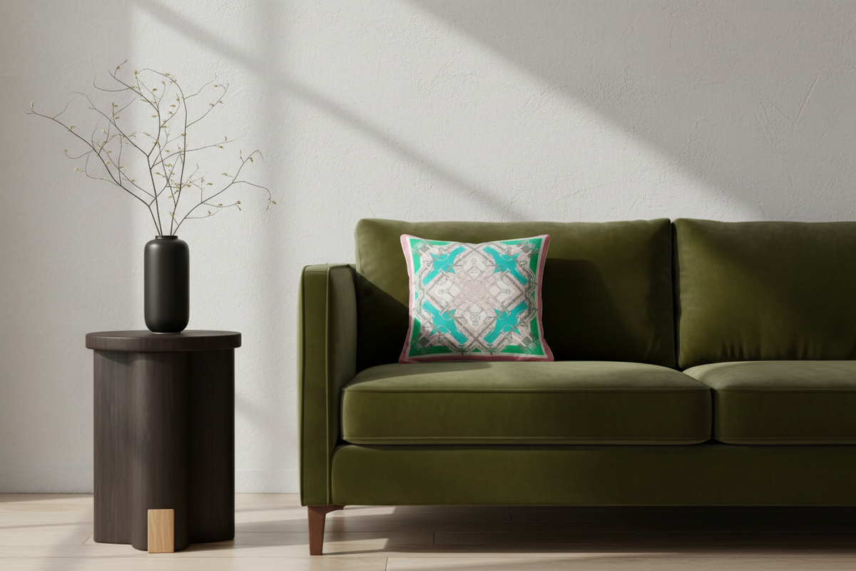 An olive green velvet sofa in a styled room setting, featuring a decorative teal and cream patterned throw pillow and a small wooden side table with dried flowers against a textured gray wall.