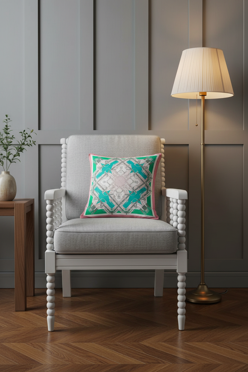 An olive green velvet sofa in a styled room setting, featuring a decorative teal and cream patterned throw pillow and a small wooden side table with dried flowers against a textured gray wall.