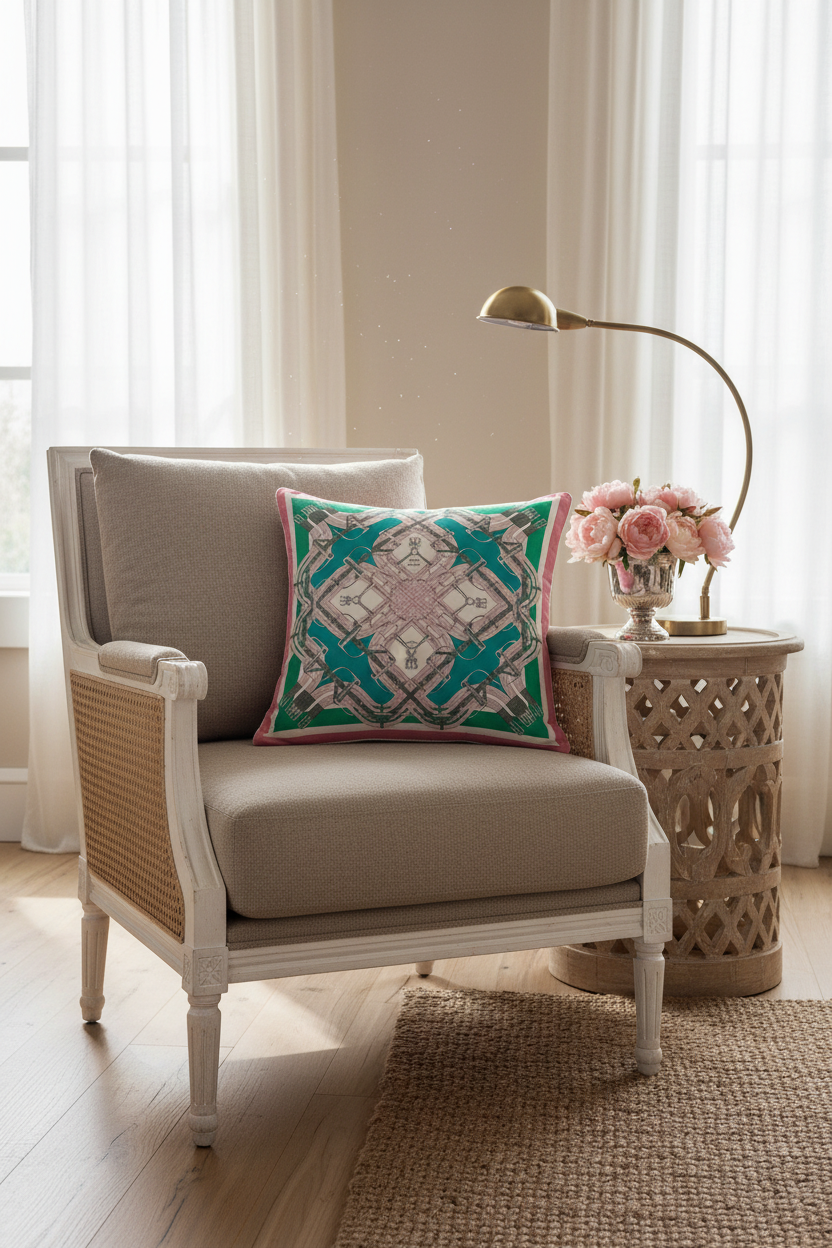 An olive green velvet sofa in a styled room setting, featuring a decorative teal and cream patterned throw pillow and a small wooden side table with dried flowers against a textured gray wall.