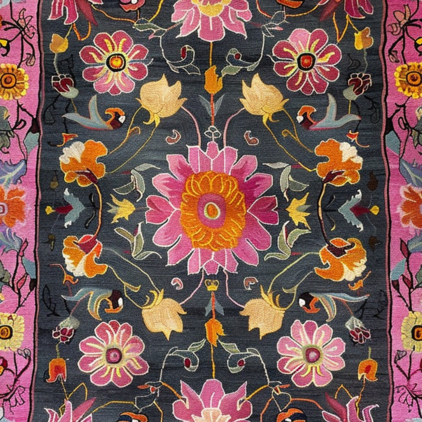 Vibrant Floral Tapestry Hard Viscose Hand Knotted Wool Rug