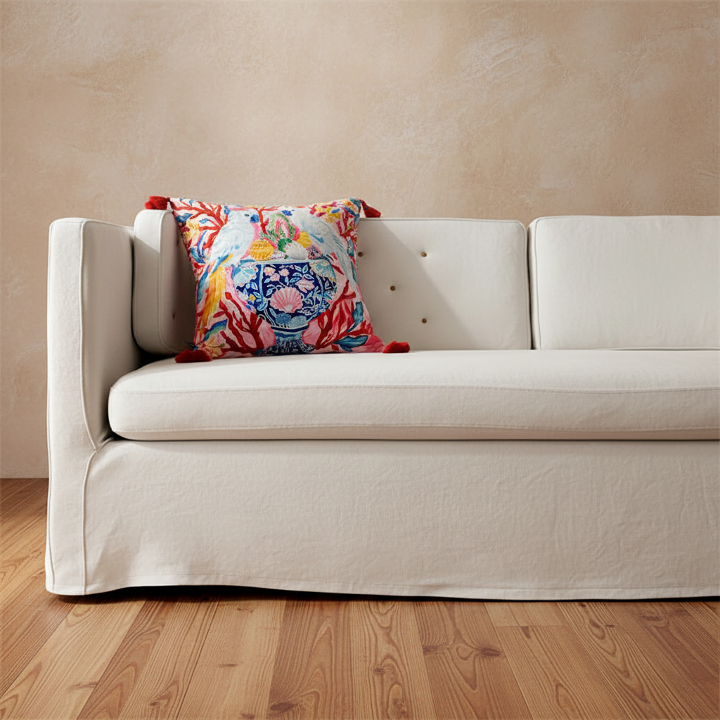 A cream-colored slipcovered sofa with a colorful decorative throw pillow, set against a textured beige wall and light wood flooring.