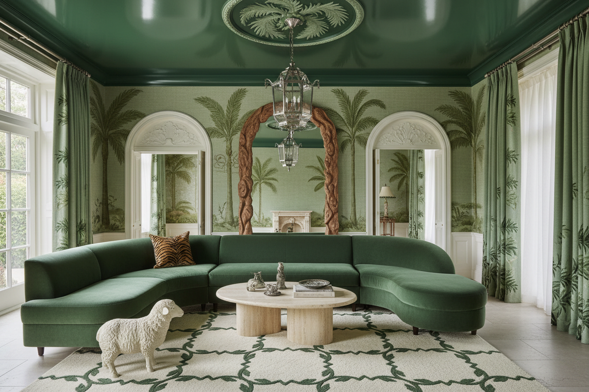 Luxurious living room with green walls, ceiling, contemporary wool rug, and decor featuring a sectional sofa and coffee table.