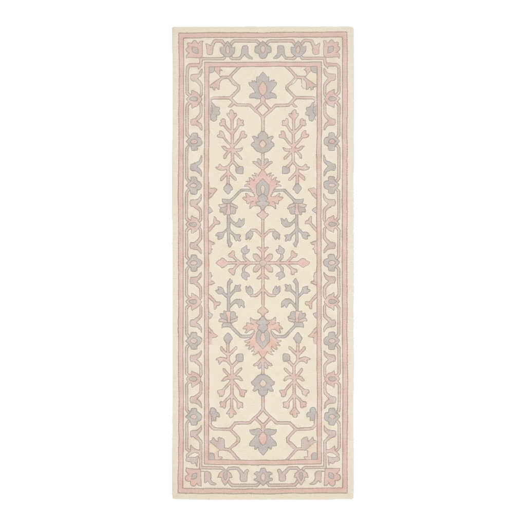 A long rectangular area rug with a traditional floral and geometric pattern in soft blush pink and gray on a cream background.