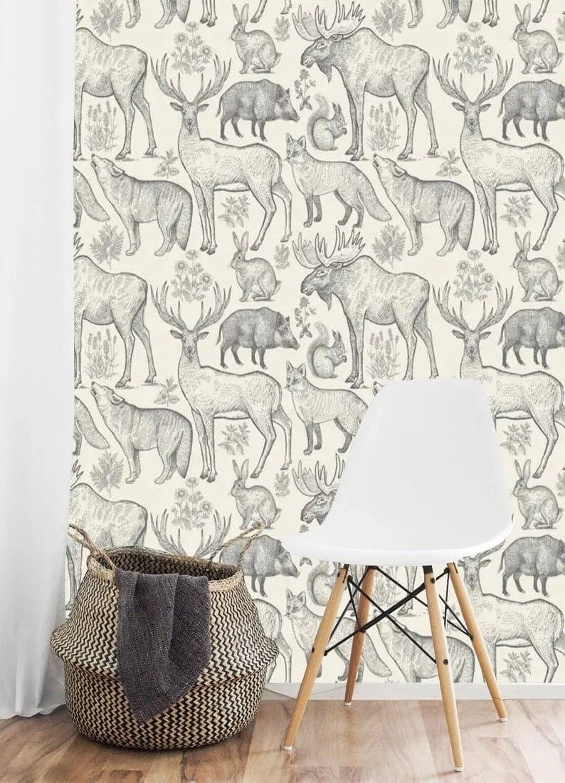 Vintage Gray Forest Animals Wallpaper 