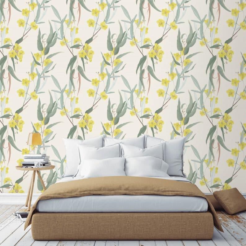 Vintage Green Tropical Watercolor Wallpaper Yellow Flowers and Leaves Botanical Wallpaper 