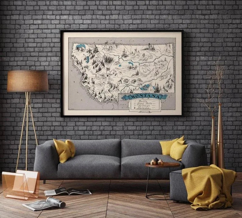 Vintage Montana Map Print| Montana Canvas Wall Art