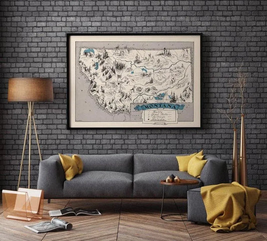 Vintage Montana Map Print| Montana Canvas Wall Art 