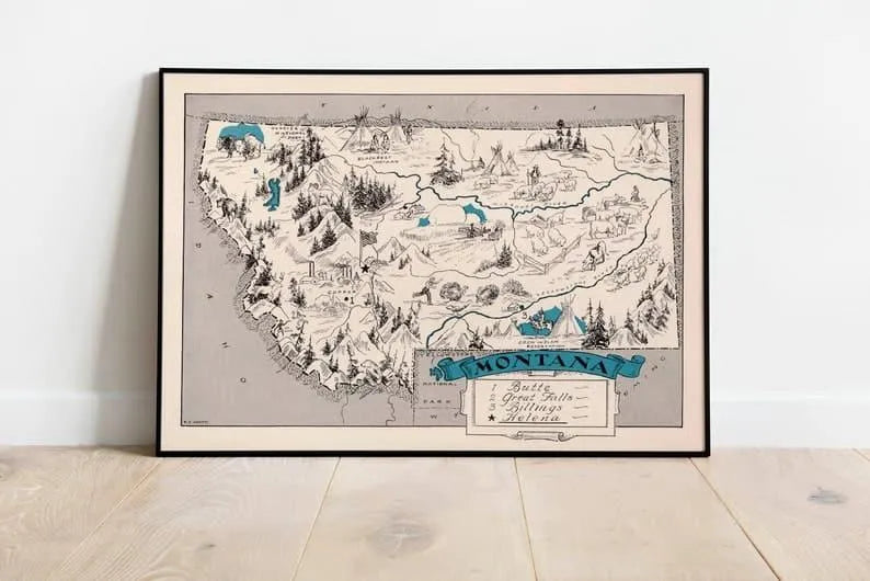 Vintage Montana Map Print| Montana Canvas Wall Art