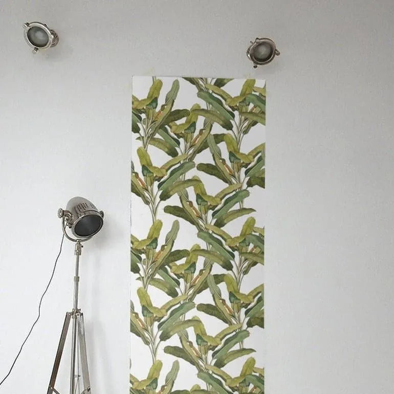 Vintage Tropical Banana Palm Leaf Green and White Wallpaper