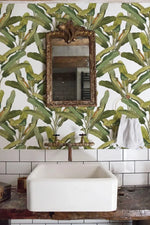 Vintage Tropical Banana Palm Leaf Green and White Wallpaper