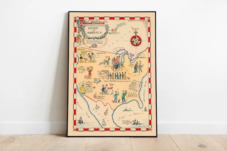 Vintage USA Map Print| Guide to America Map Poster