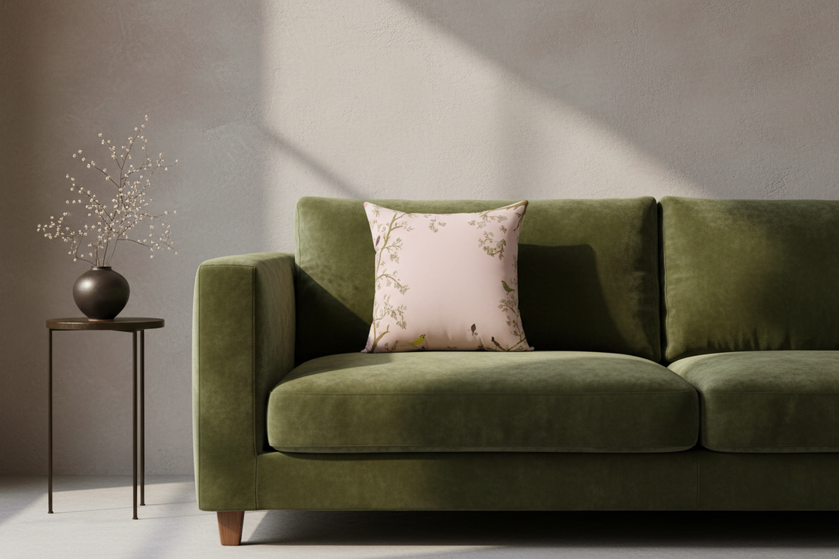 An olive green velvet sofa in a modern living room setting, styled with a light pink floral throw pillow and a black side table holding a black vase with dried branches.