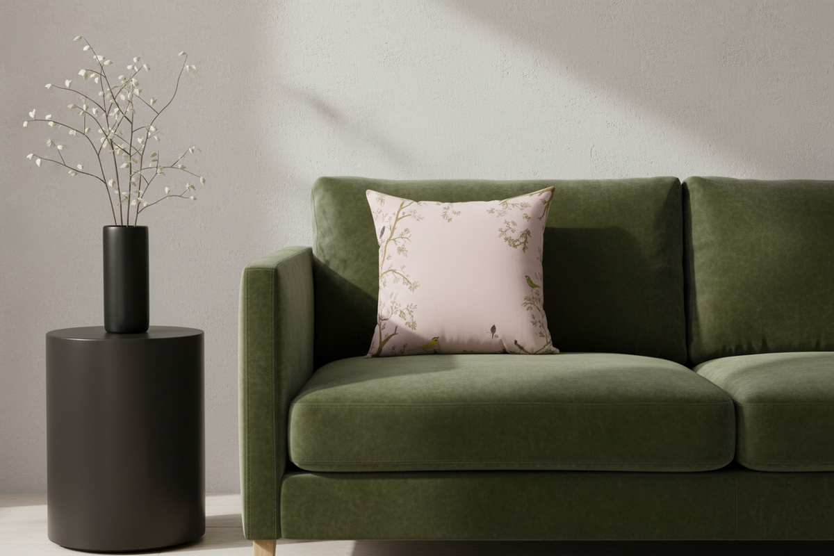 An olive green velvet sofa in a modern living room setting, styled with a light pink floral throw pillow and a black side table holding a black vase with dried branches.