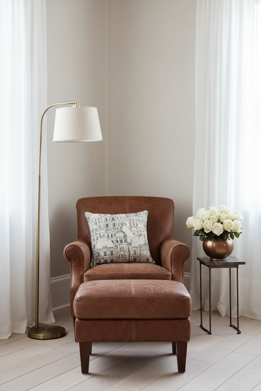 A brown leather armchair with a matching ottoman in a bright, neutral room. The chair is styled with a patterned throw pillow, next to a gold floor lamp and a small side table holding a vase of white roses.
