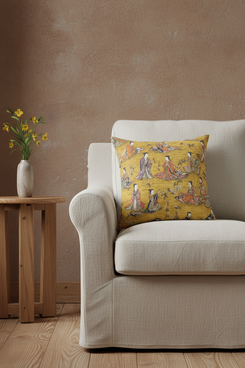 A beige upholstered armchair with woven cane arms and legs, styled with a yellow patterned throw pillow, set in a bright room next to a small wooden side table with a lamp and flowers.