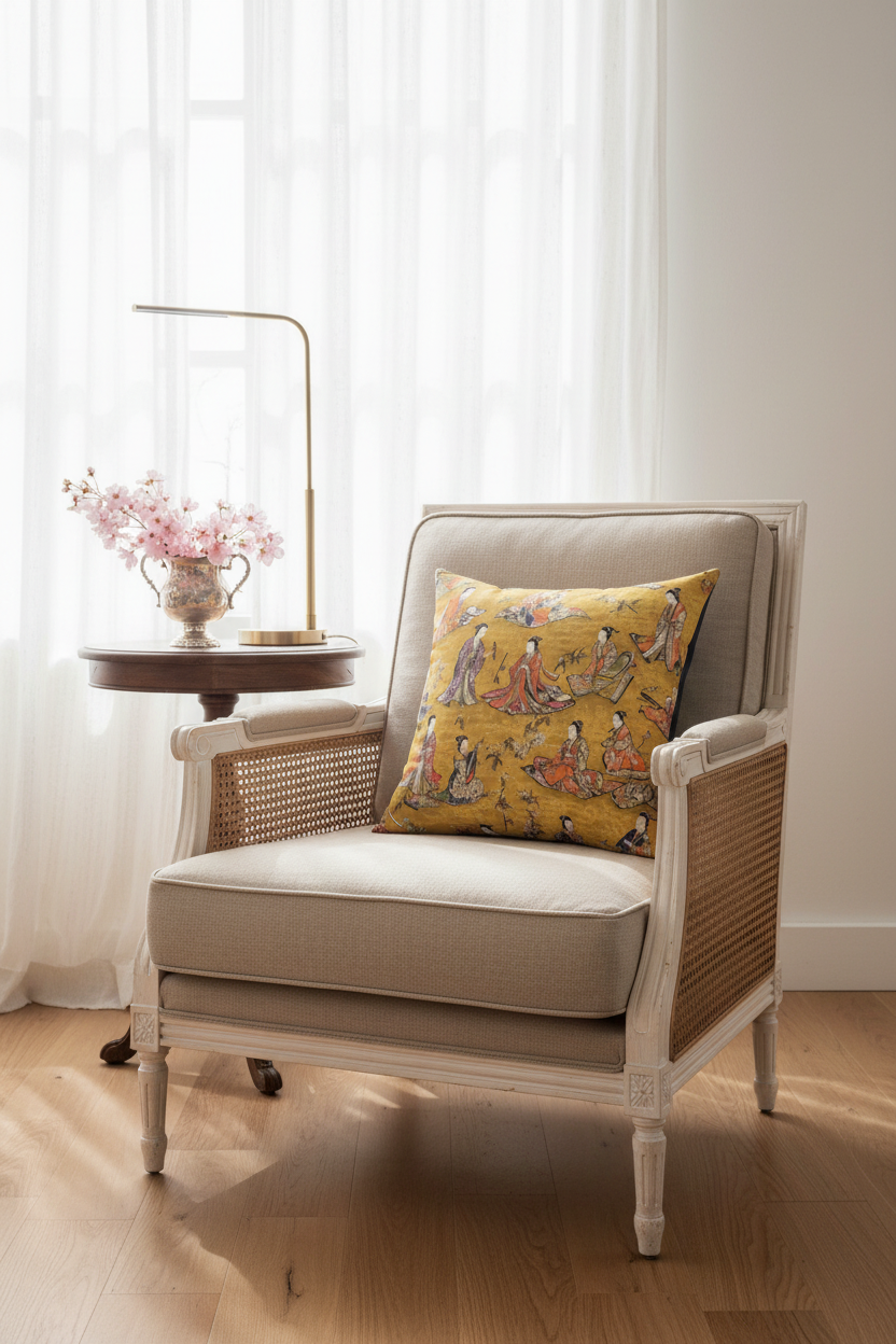 A beige upholstered armchair with woven cane arms and legs, styled with a yellow patterned throw pillow, set in a bright room next to a small wooden side table with a lamp and flowers.