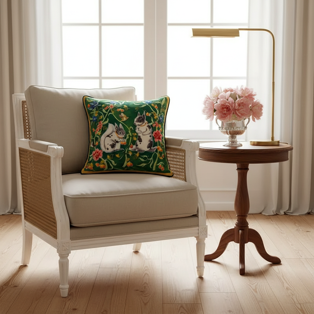A decorative throw pillow featuring a green background with a detailed illustration of two cats, styled on a white armchair in a bright, modern living room setting.