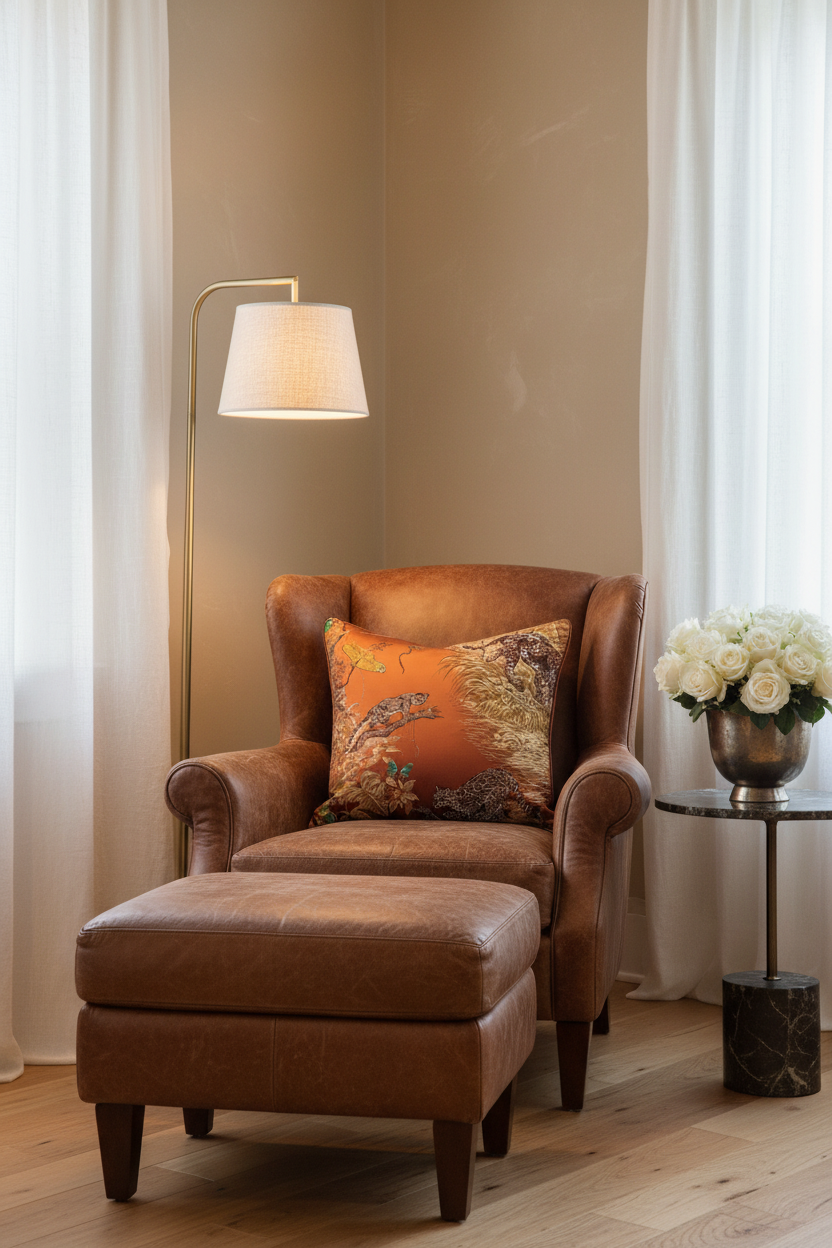 A square decorative throw pillow with an orange and brown botanical pattern, styled on a white slipcovered sofa against a textured beige wall and light wood floor.