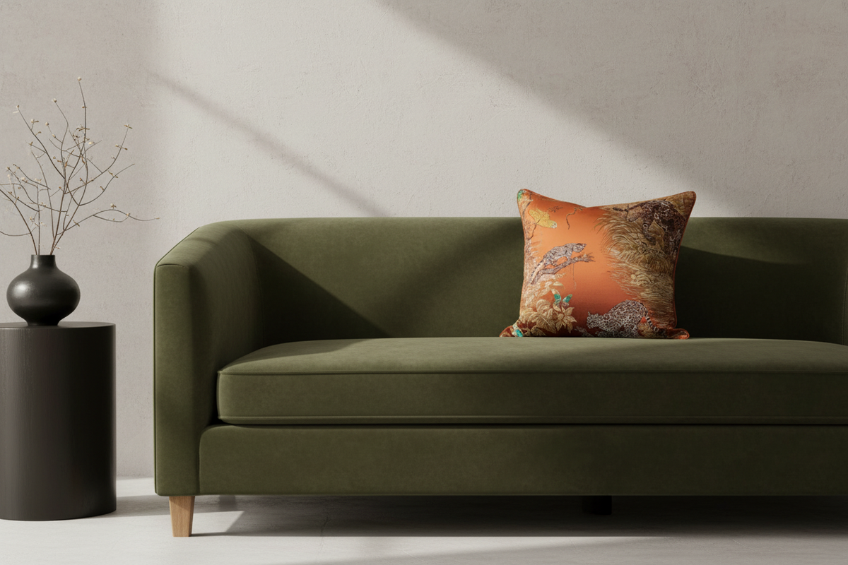A square decorative throw pillow with an orange and brown patterned design featuring birds and foliage, styled on a white slipcovered sofa against a textured beige wall and wooden floor.