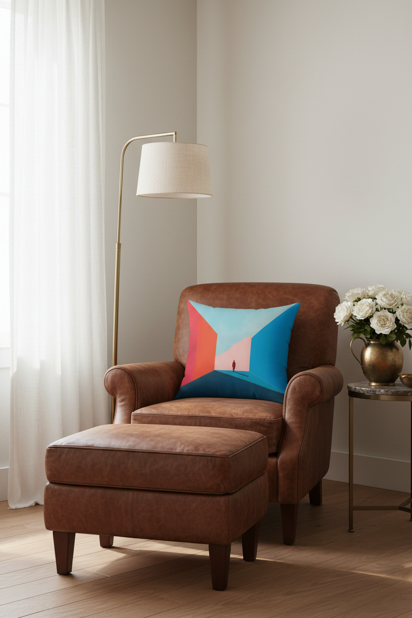 A brown leather armchair with a matching ottoman in a bright room, styled with a colorful geometric throw pillow, a floor lamp, and a side table with white roses.