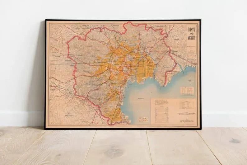 WW2 Map of Tokyo and Vicinity, Showing Bombed out Areas 1946