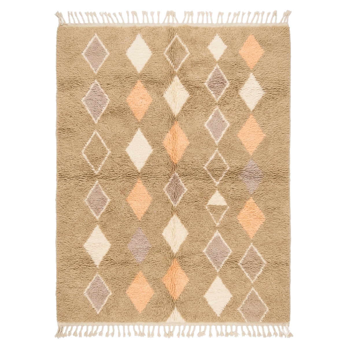 A rectangular woven area rug with a beige base and a geometric diamond pattern in cream, light gray, and peach, finished with white fringe on the top and bottom edges.