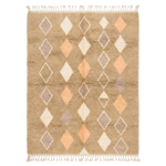 A rectangular woven area rug with a beige base and a geometric diamond pattern in cream, light gray, and peach, finished with white fringe on the top and bottom edges.