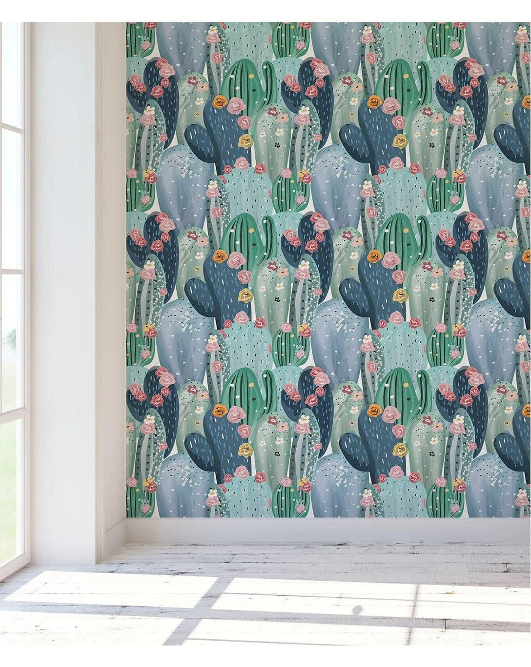 Watercolor Green Cactus Pink Flowers Removable Wallpaper