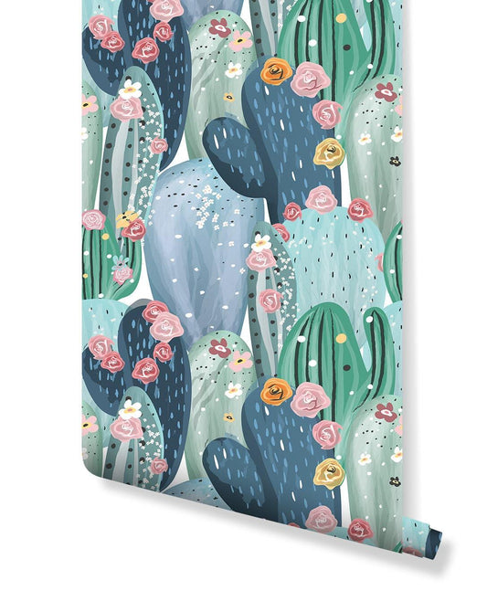 Watercolor Green Cactus Pink Flowers Removable Wallpaper 