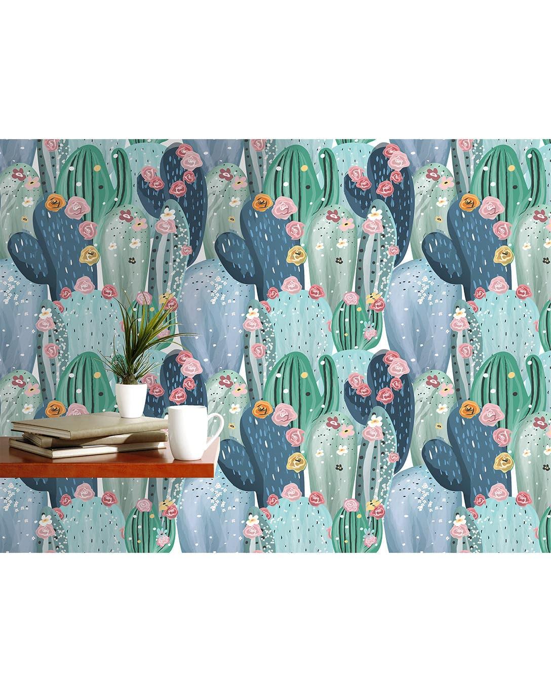 Watercolor Green Cactus Pink Flowers Removable Wallpaper 