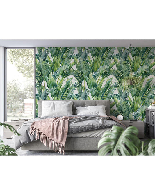 Watercolor Green Tropical Palm Banana Leaves Wallpaper 