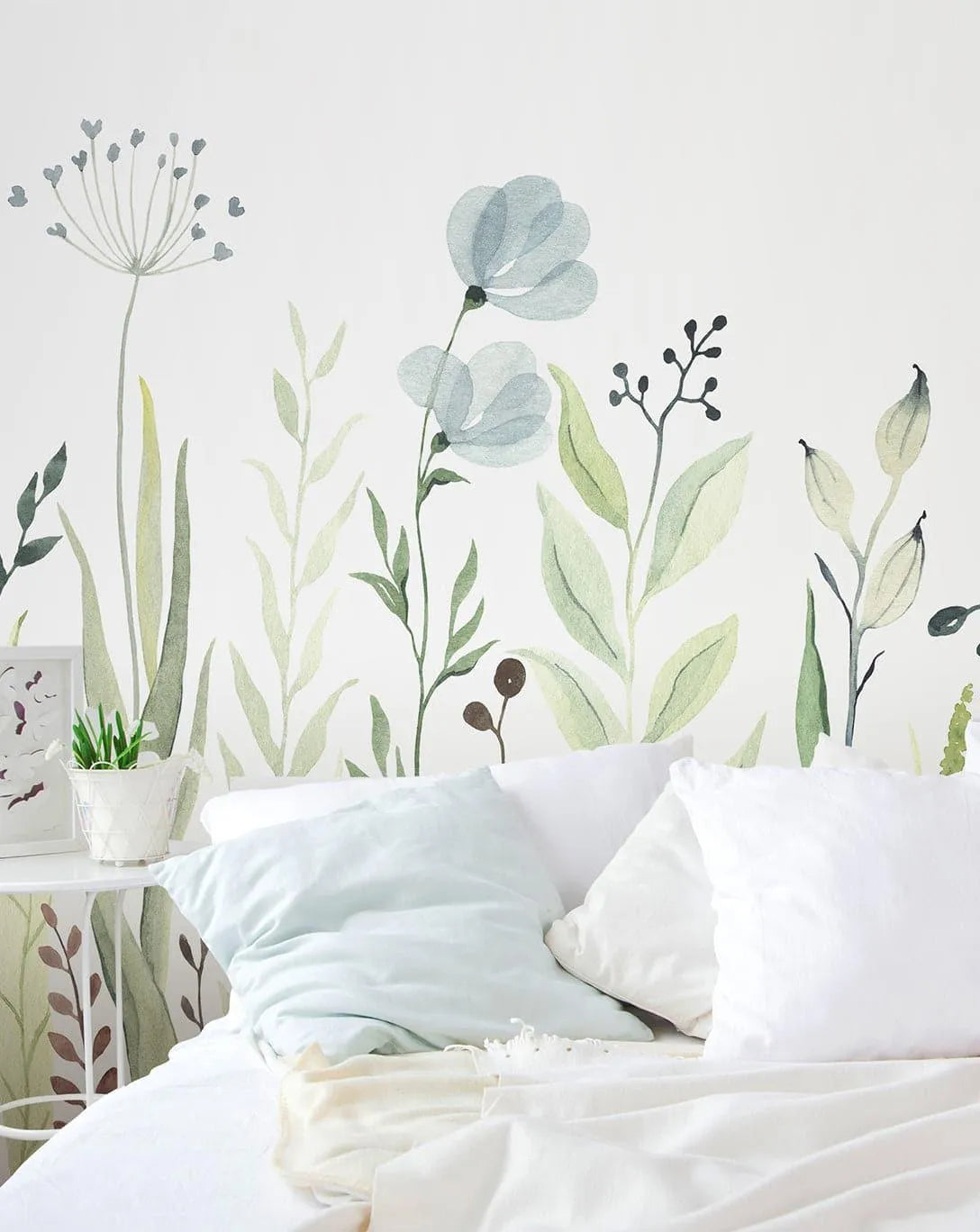 Watercolor Green and Blue Wildflowers Self Adhesive Wall Mural