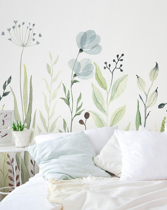 Watercolor Green and Blue Wildflowers Self Adhesive Wall Mural Watercolor Green and Blue Wildflowers Self Adhesive Wall Mural 