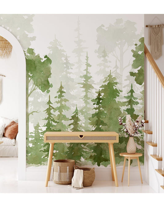 Watercolor Pine Tree Forest Wall Mural 