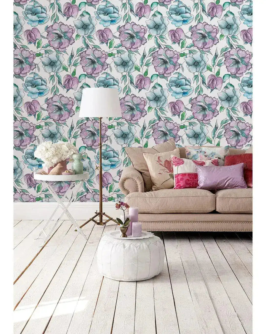 Watercolor Pink Blue Lilac Flowers Removable Wallpaper