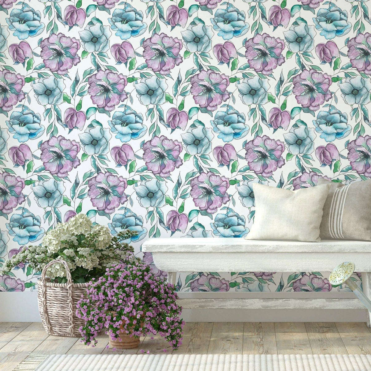 Watercolor Pink Blue Lilac Flowers Removable Wallpaper