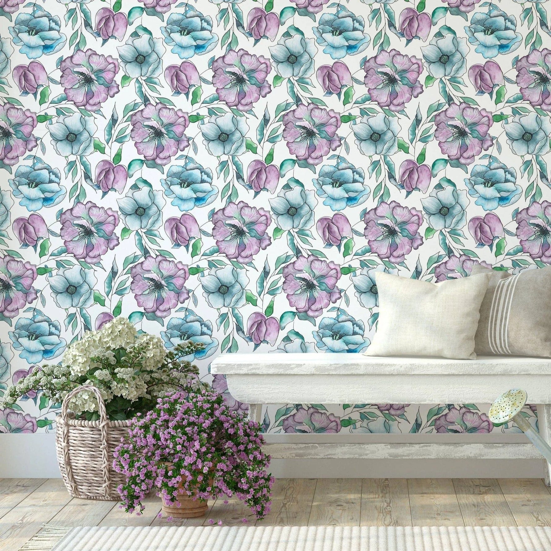 Watercolor Pink Blue Lilac Flowers Removable Wallpaper