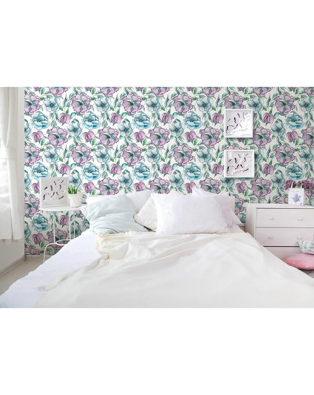 Watercolor Pink Blue Lilac Flowers Removable Wallpaper