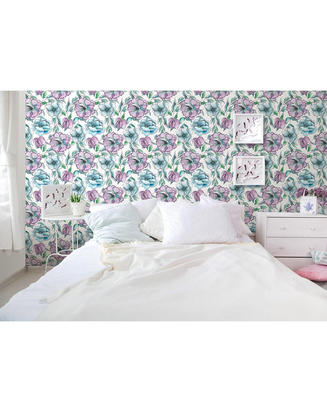 Watercolor Pink Blue Lilac Flowers Removable Wallpaper 