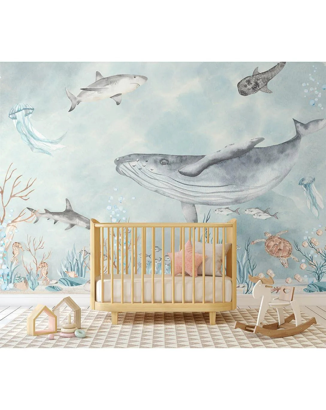 Watercolor Sea World Ocean Fish Turtle Dolphin Jellyfish Wall Mural