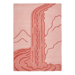 Pink rug with abstract red design on a white background