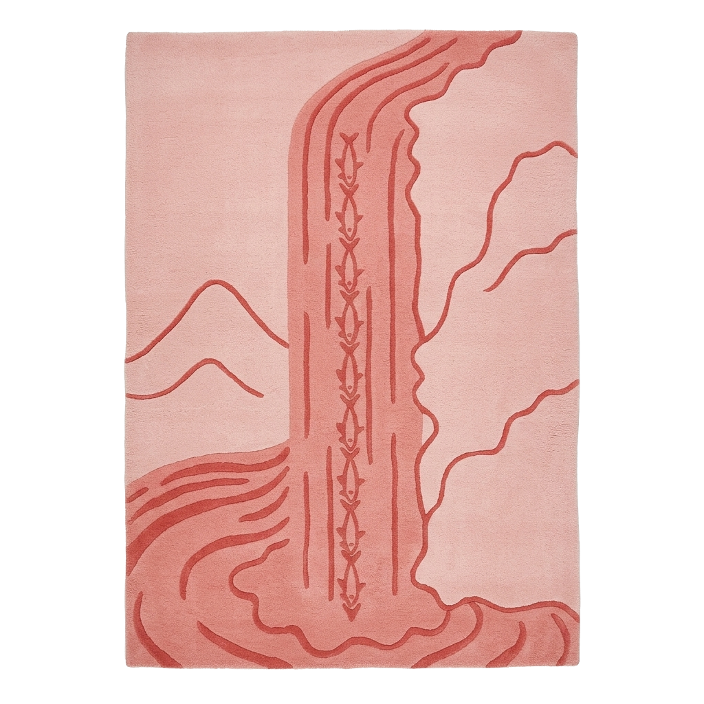 Pink rug with abstract red design on a white background